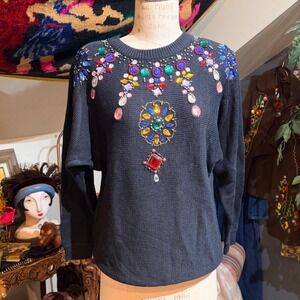 Midnight‎ Blues NWT Vintage Black Beaded Rhinestone Jewel Embellished Sweater M
